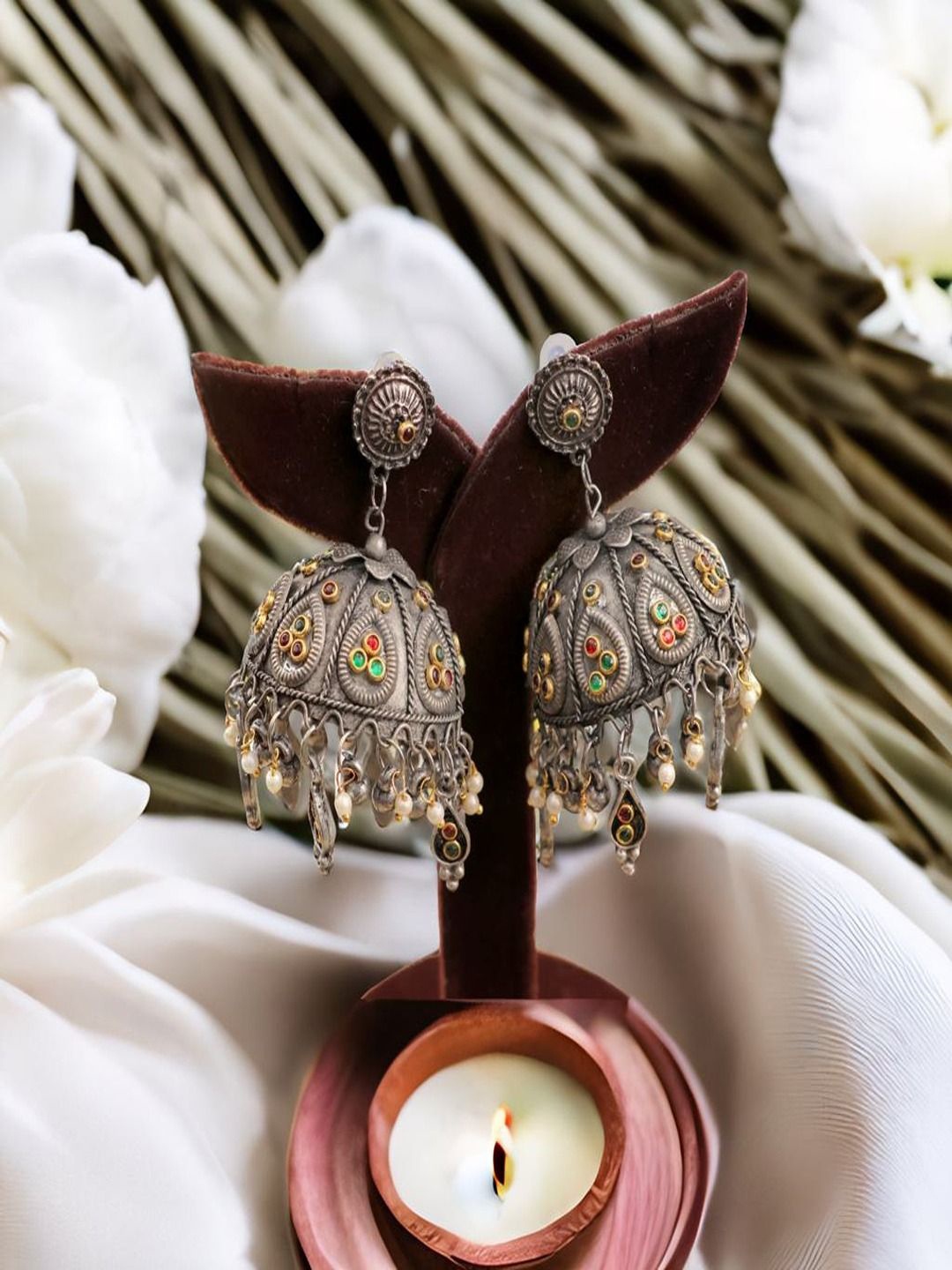 

UNIVERSITY TRENDZ Silver-Plated Oxidised Stone Studded & Beaded Banjara Jhumkas