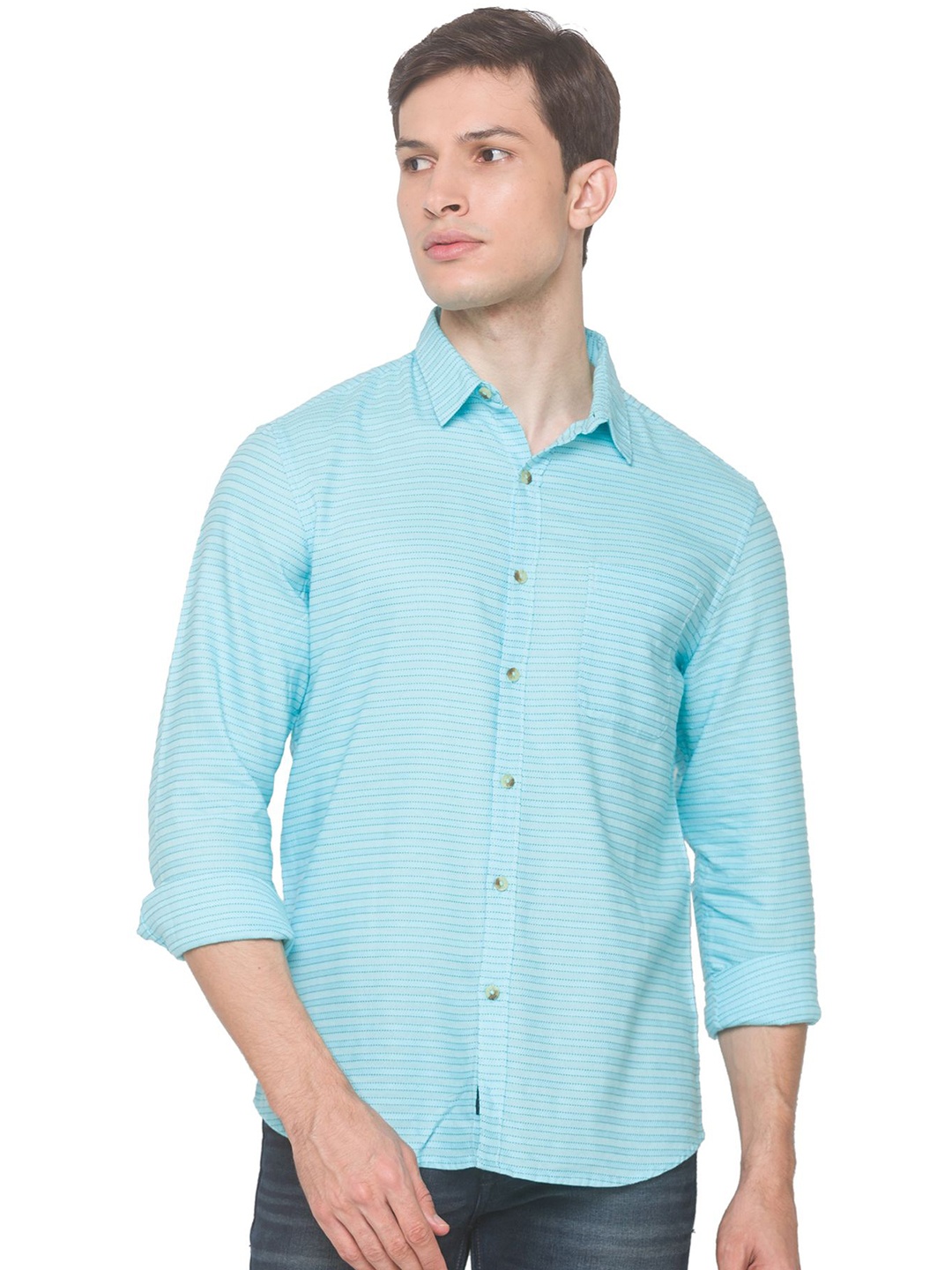 

SNX Men Spread Collar Horizontal Striped Cotton Tailored Fit Casual Shirt, Green