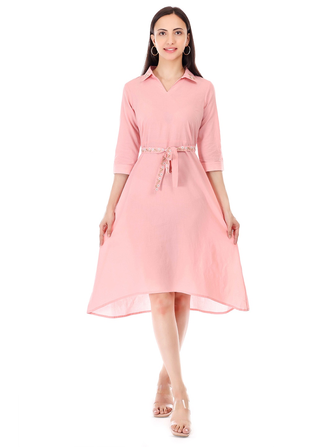 

GRIVA Women Shirt Collar Fit and Flare Dress, Pink