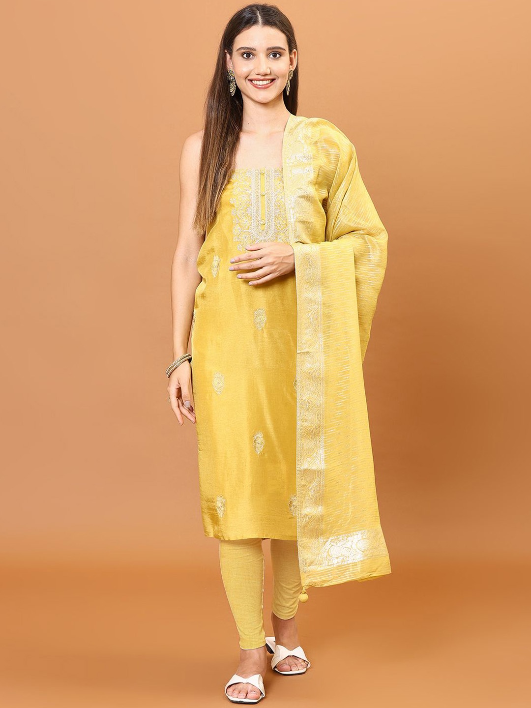 

Meena Bazaar Floral Embroidered Sequinned Art Silk Unstitched Dress Material, Yellow