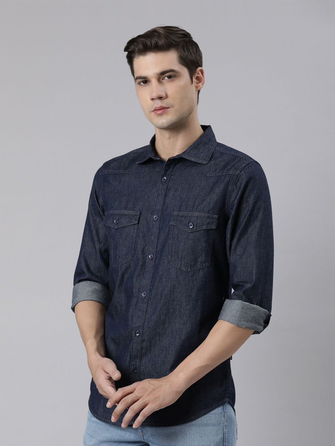 

American Bull Men Spread Collar Solid Cotton Slim Fit Casual Shirt, Navy blue