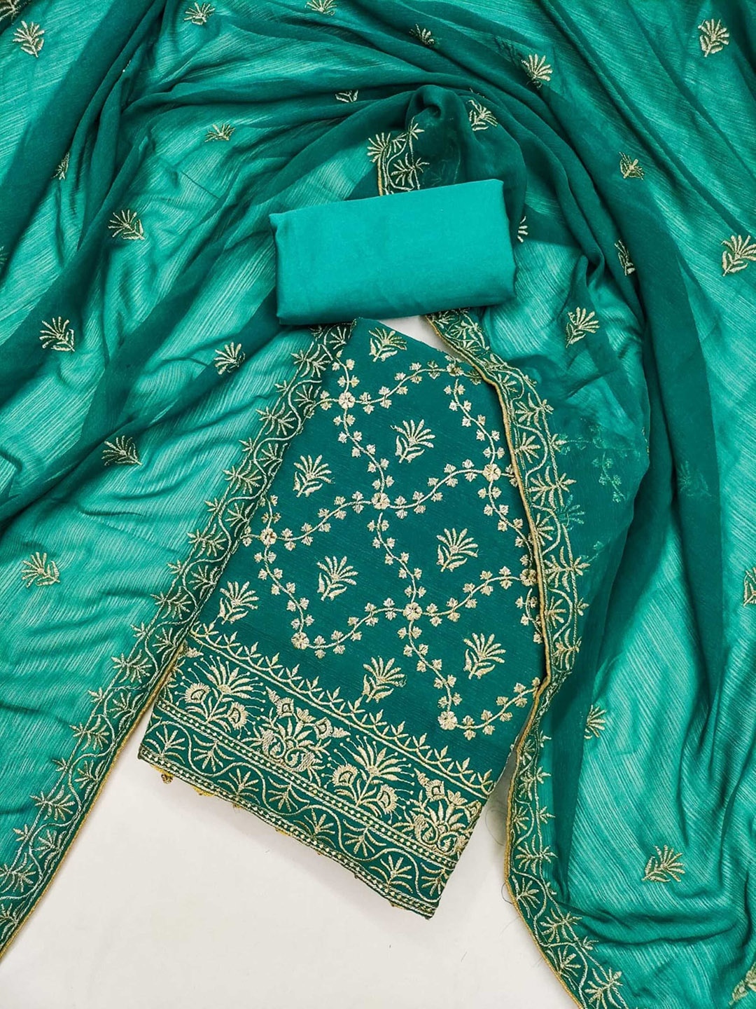 

Panzora Floral Embroidered Thread Work Unstitched Dress Material, Teal