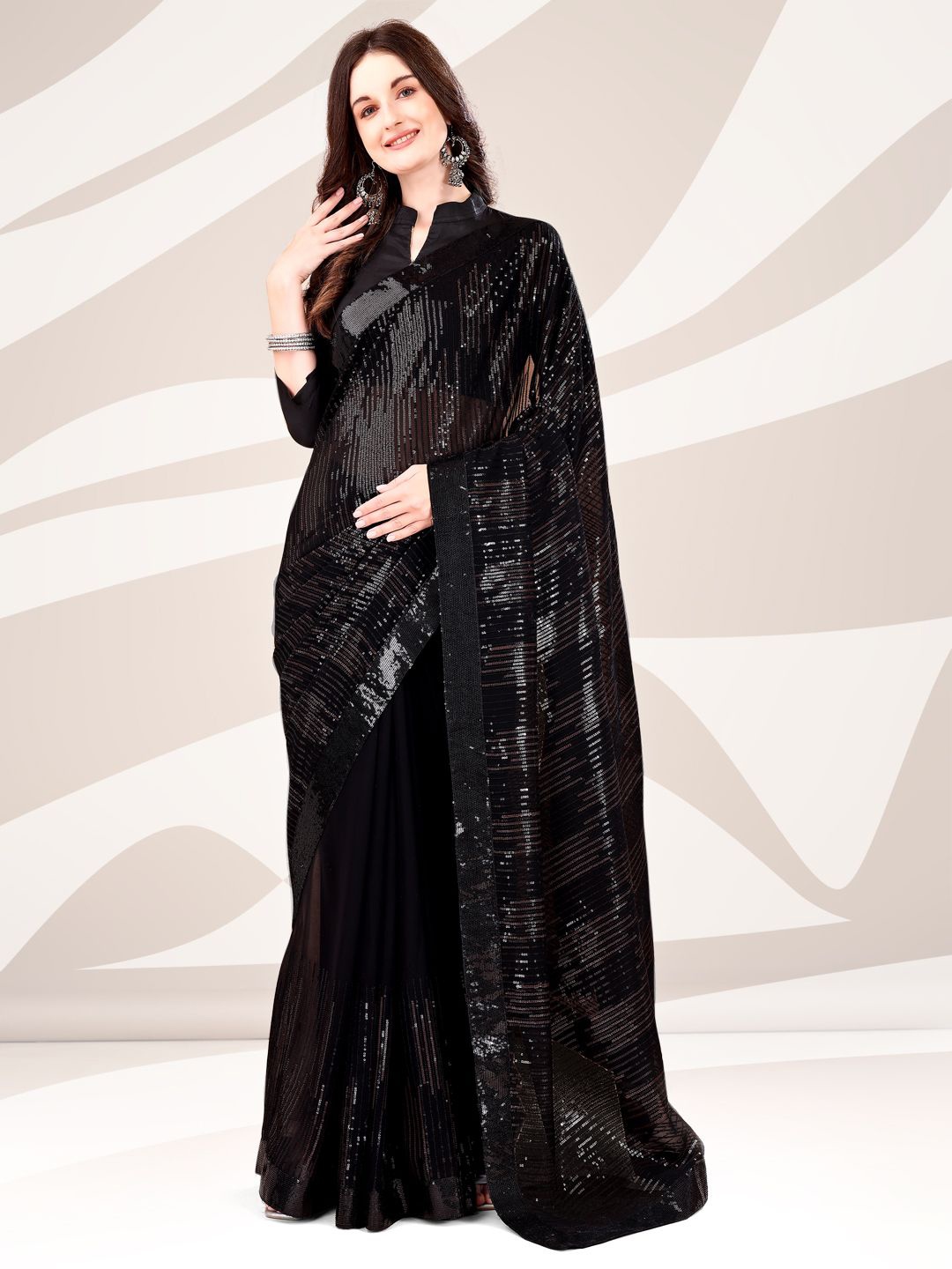 

Mitera Embellished Sequinned Pure Georgette Saree, Black
