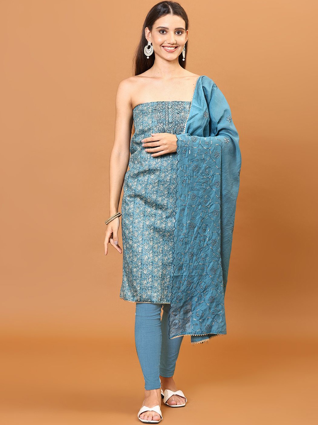 

Meena Bazaar Ethnic Motifs Printed Sequinned Unstitched Dress Material, Blue