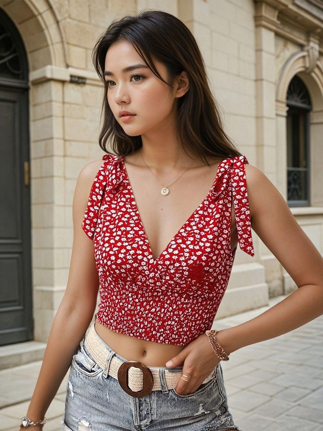 

Kotty Women Floral Printed Blouson Crop Top, Red