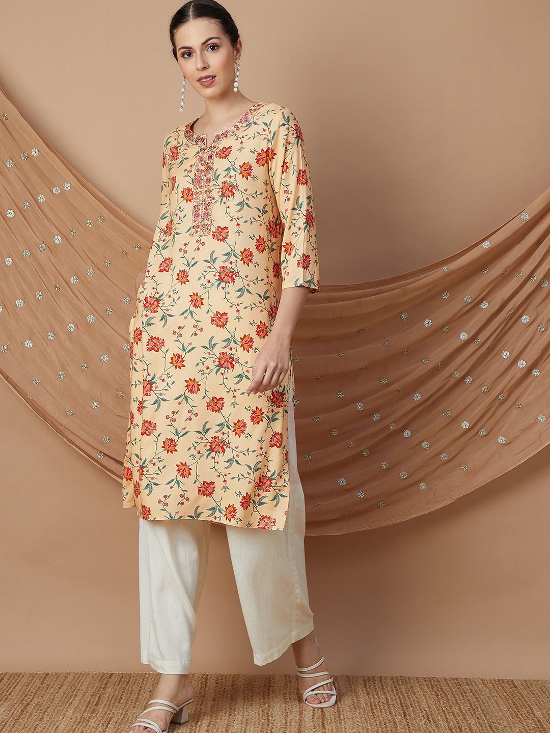 

Melange by Lifestyle Floral Printed Sequinned Straight Kurta, Cream