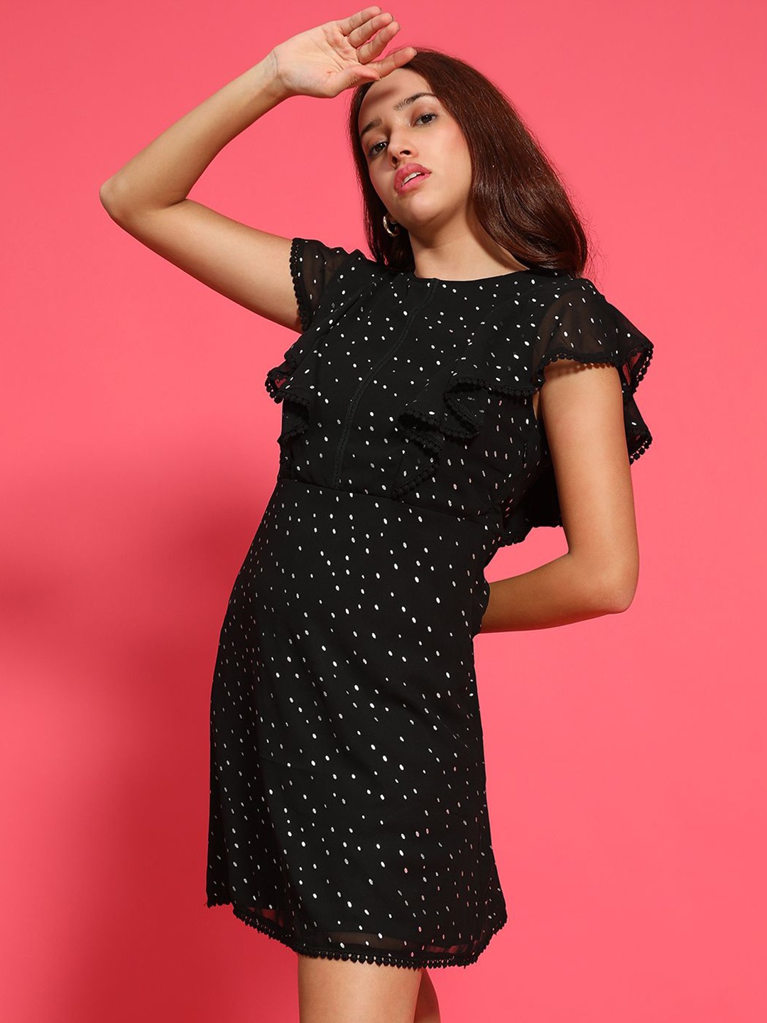 

Oxolloxo Women Polka Dot Printed Layered Fit & Flare Dress, Black