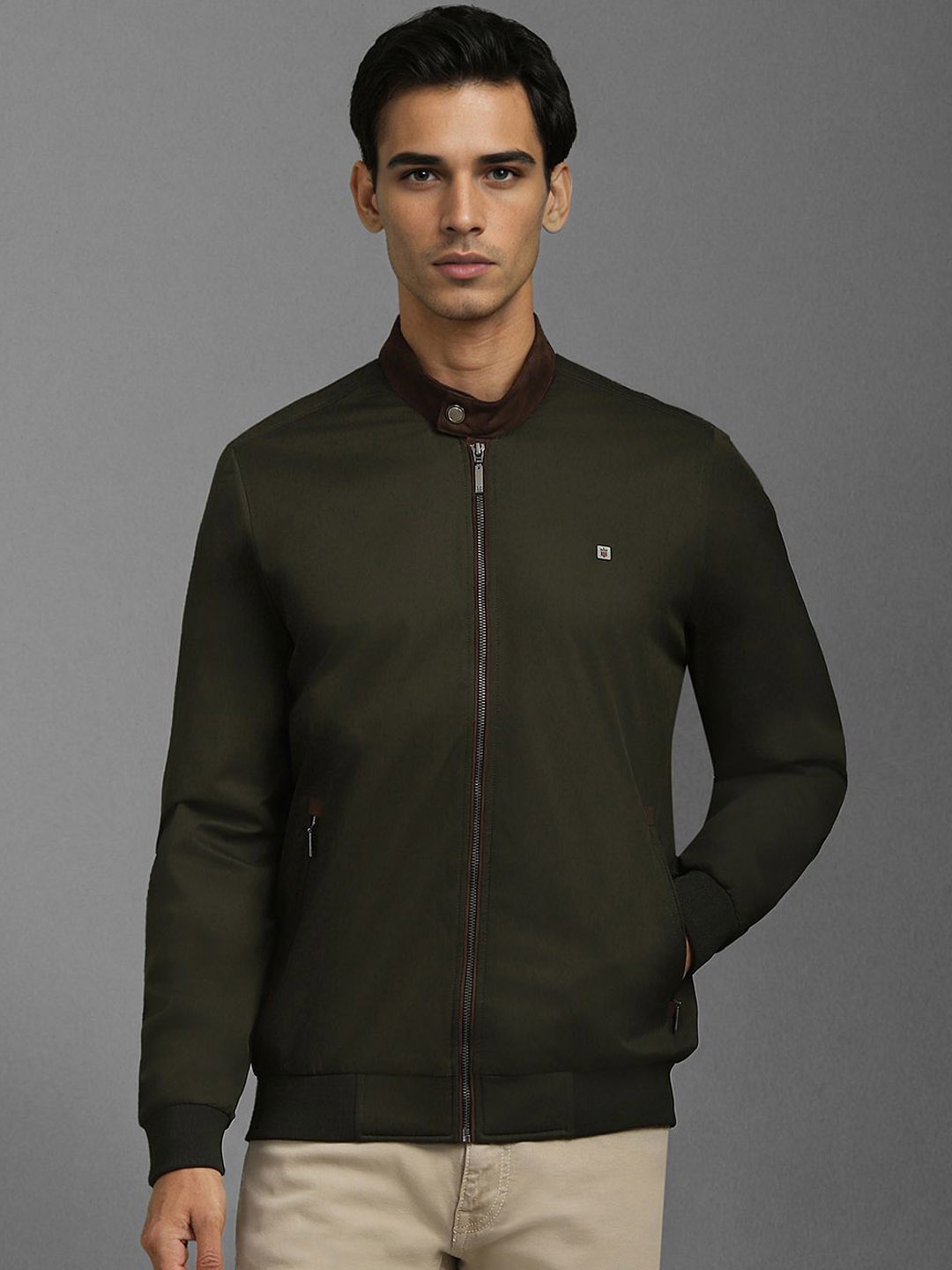 

Louis Philippe Jeans Men Mandarin Collar Solid Casual Bomber Jacket, Olive