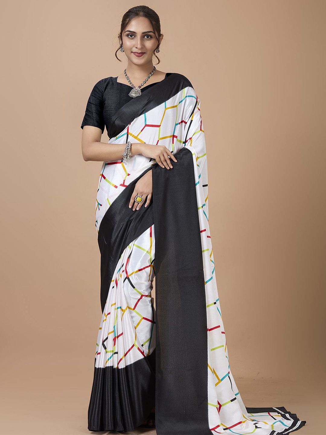 

NIRMAL CREATION Abstract Printed Saree, White