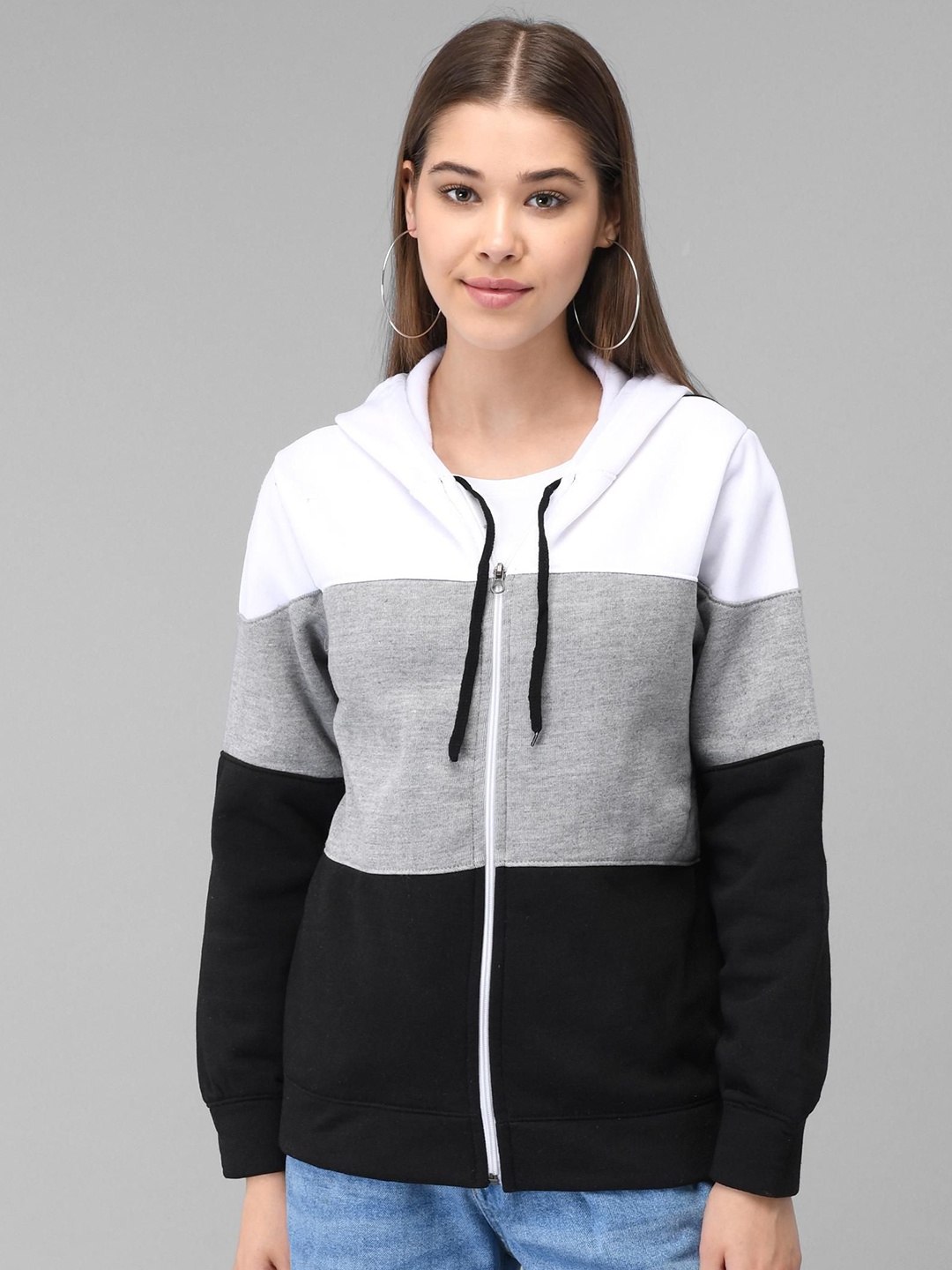 

Raabta Fashion Women Colourblocked Hooded Front-Open Sweatshirt, Black