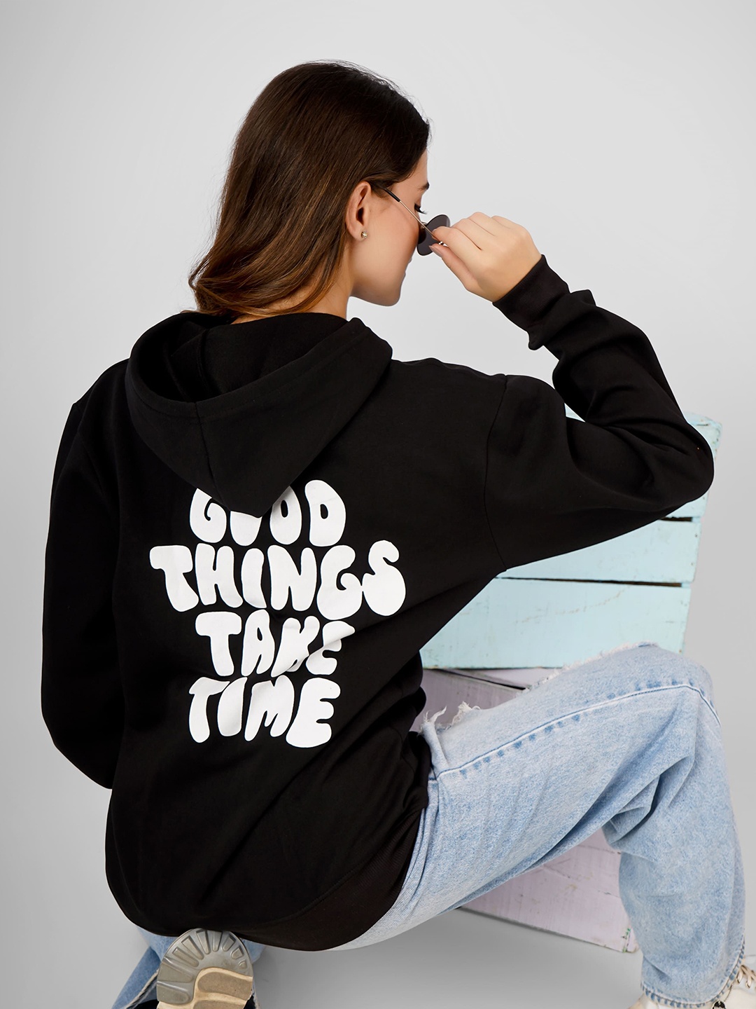 

MIMID Women Cotton Typography Printed Hooded Sweatshirt, Black
