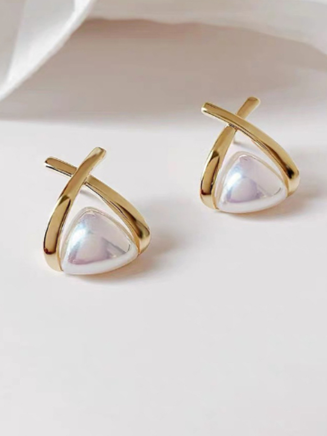 

SUBHAGALANKAR Gold-Plated Triangular Cross Pearls Studs