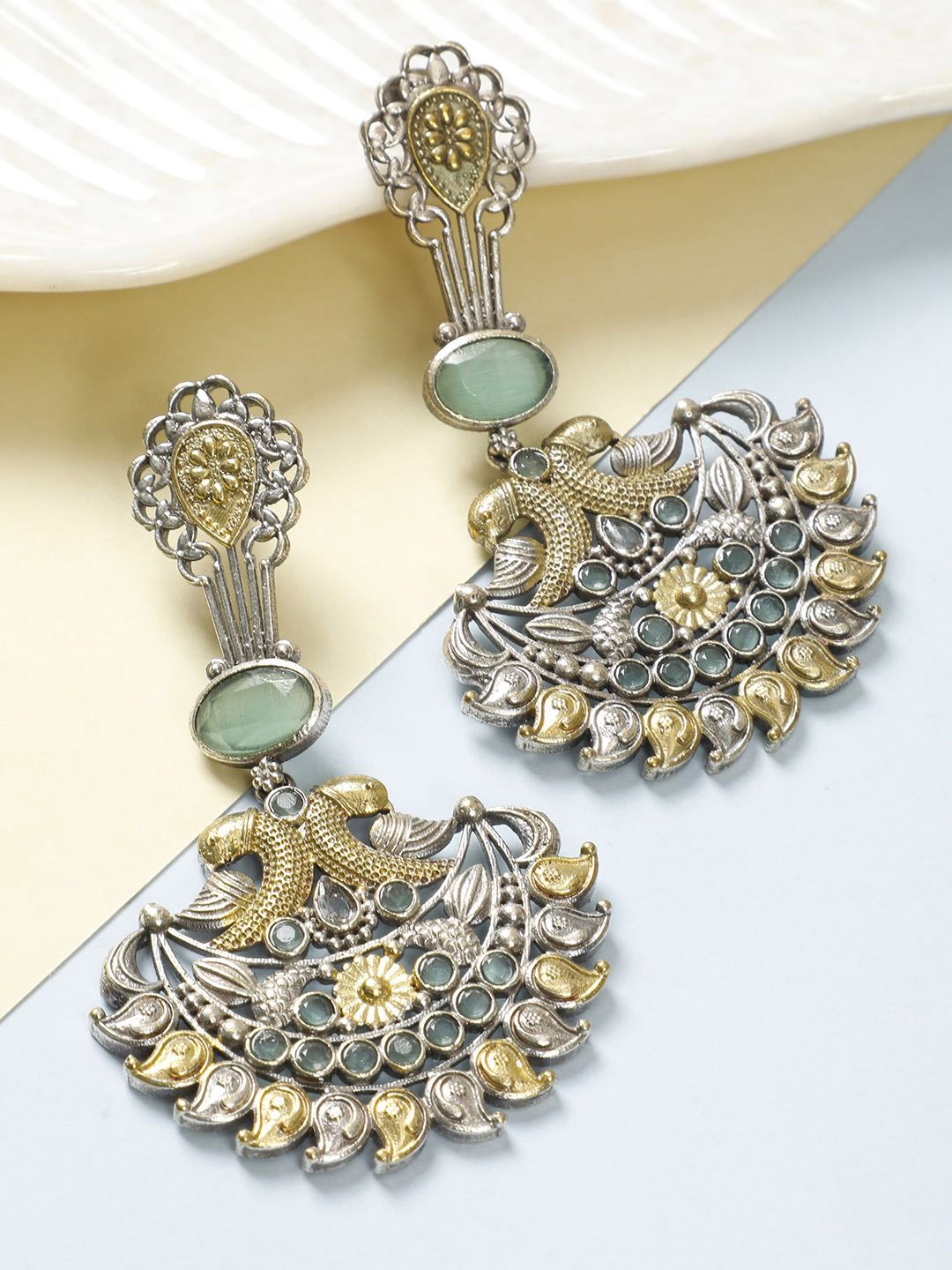 

VIVAZS Silver-Plated Oxidised Stone Studded & Beaded Classic Chandbalis