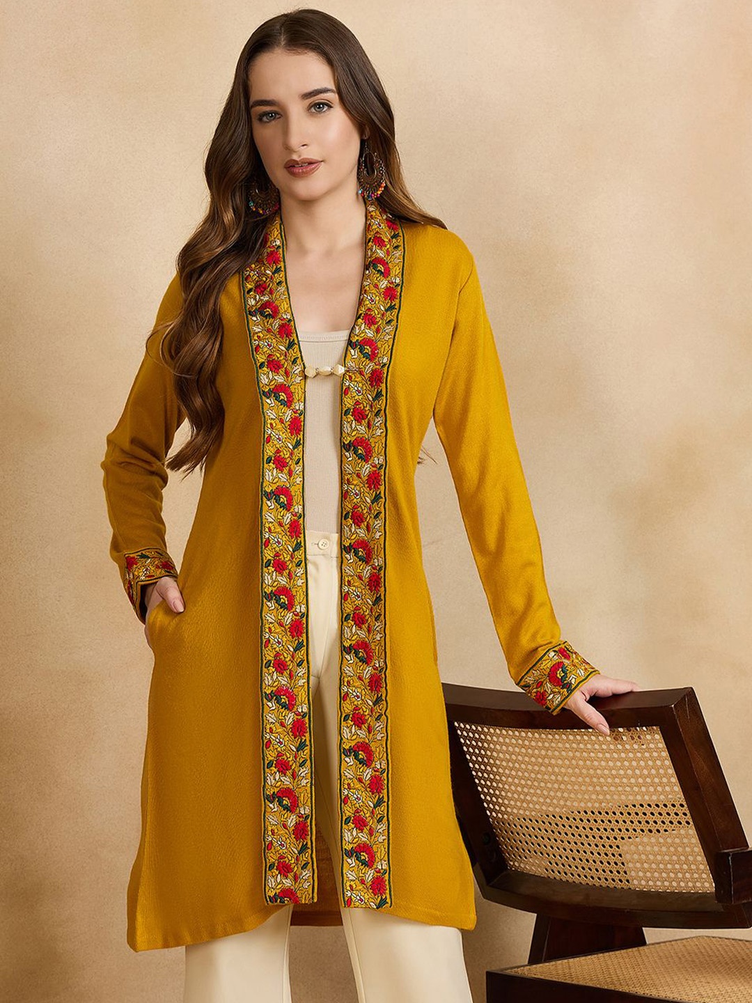 

CLAPTON Women Floral Woollen Longline Cardigan with Embroidered Detail, Mustard