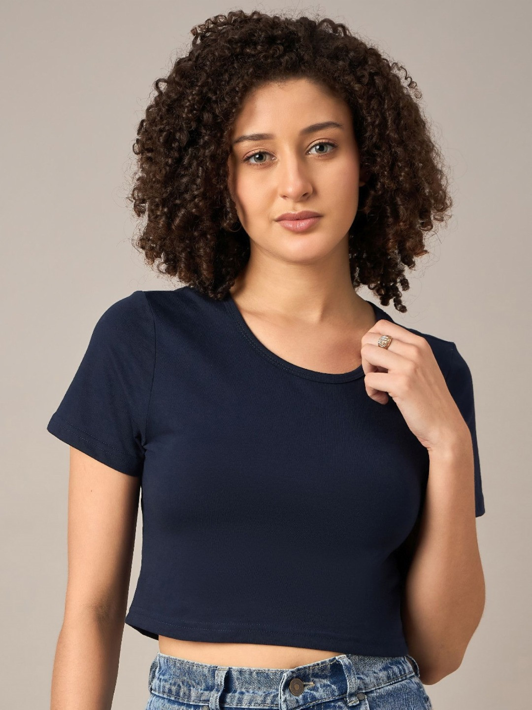 

Mayra Women Solid Round Neck Cotton T-shirt, Navy blue