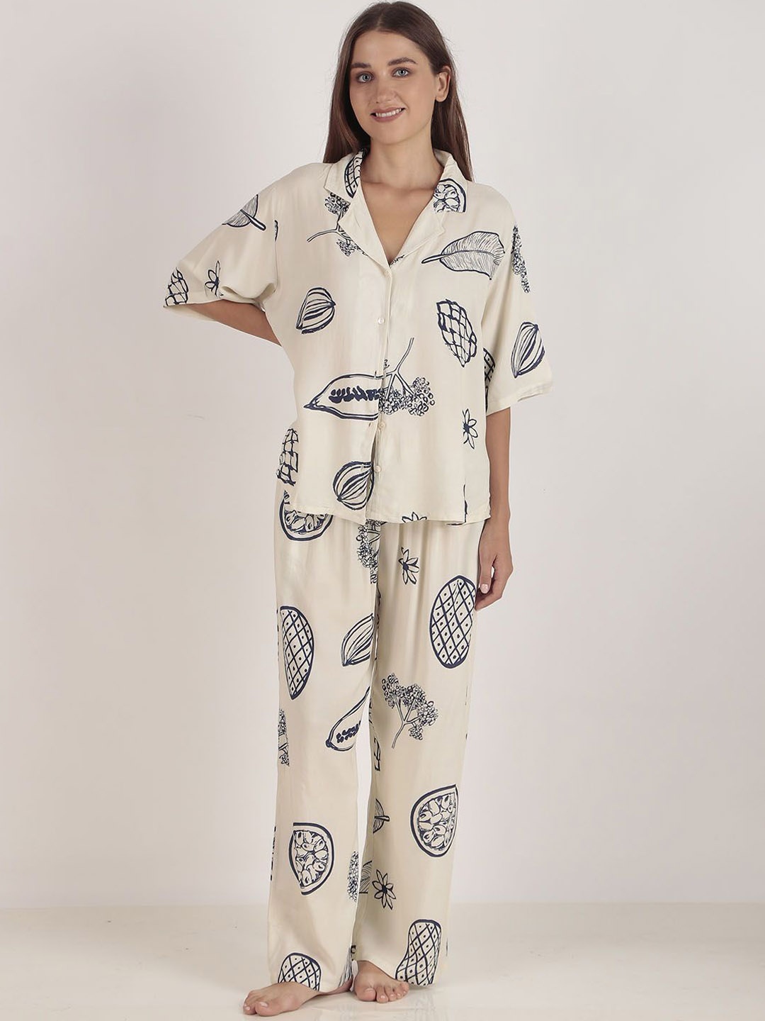 

Masha Women Printed Shirt Style Night suit, Off white