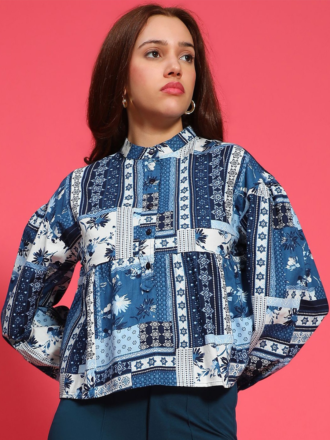 

Oxolloxo Women Floral Printed Cotton Regular Top, Blue