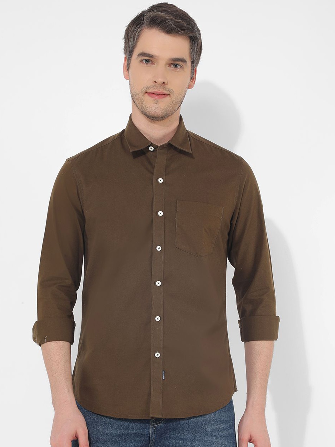 

Numero Uno Men Cutaway Collar Solid Cotton Slim Fit Casual Shirt, Brown
