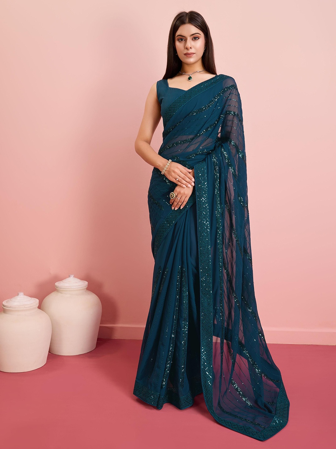 

VAIRAGEE Embellished Sequinned Ready to Wear Saree, Teal