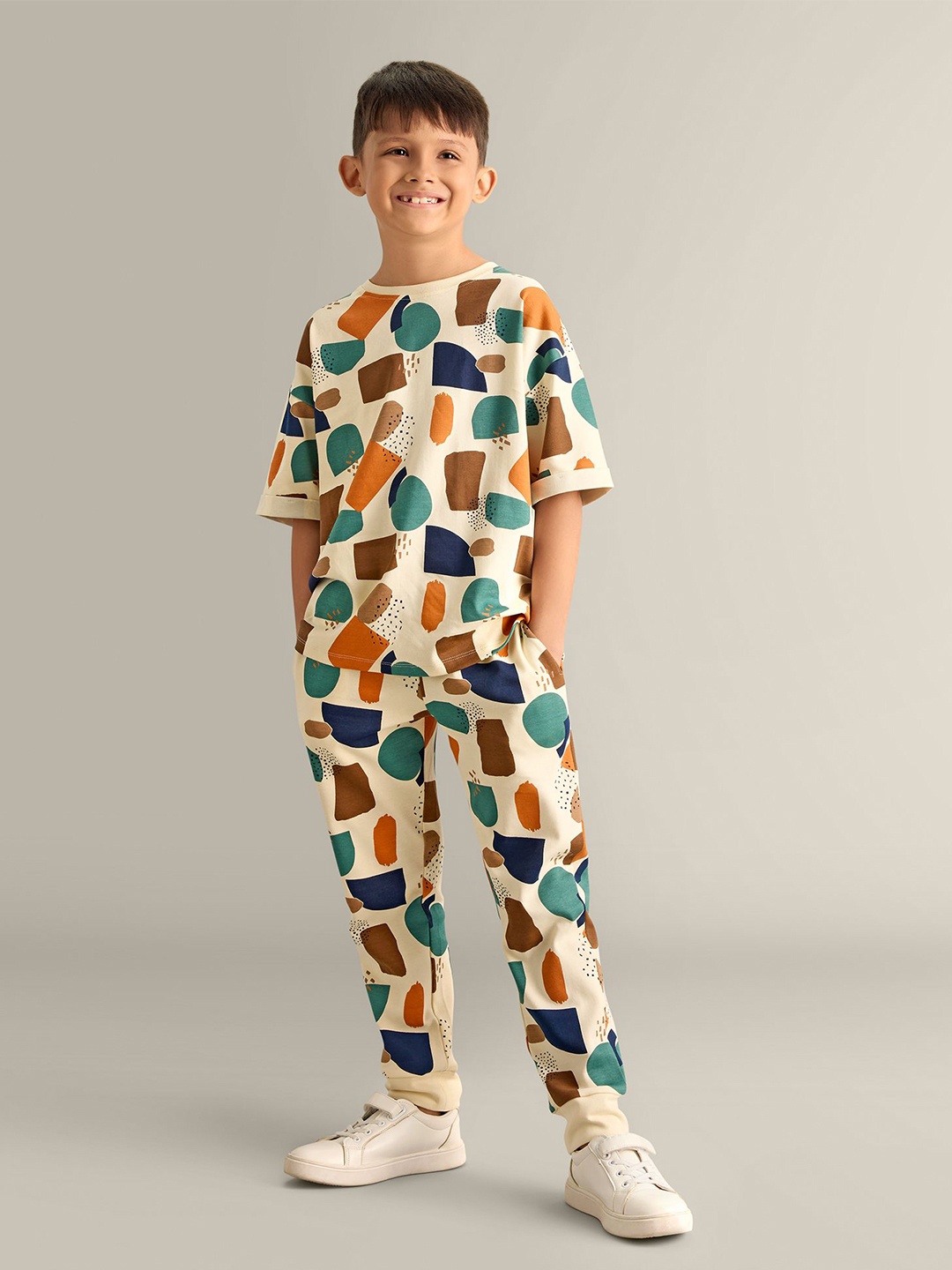 

My Milestones Boys Printed Pure Cotton T-shirt with Joggers Clothing Set, Cream
