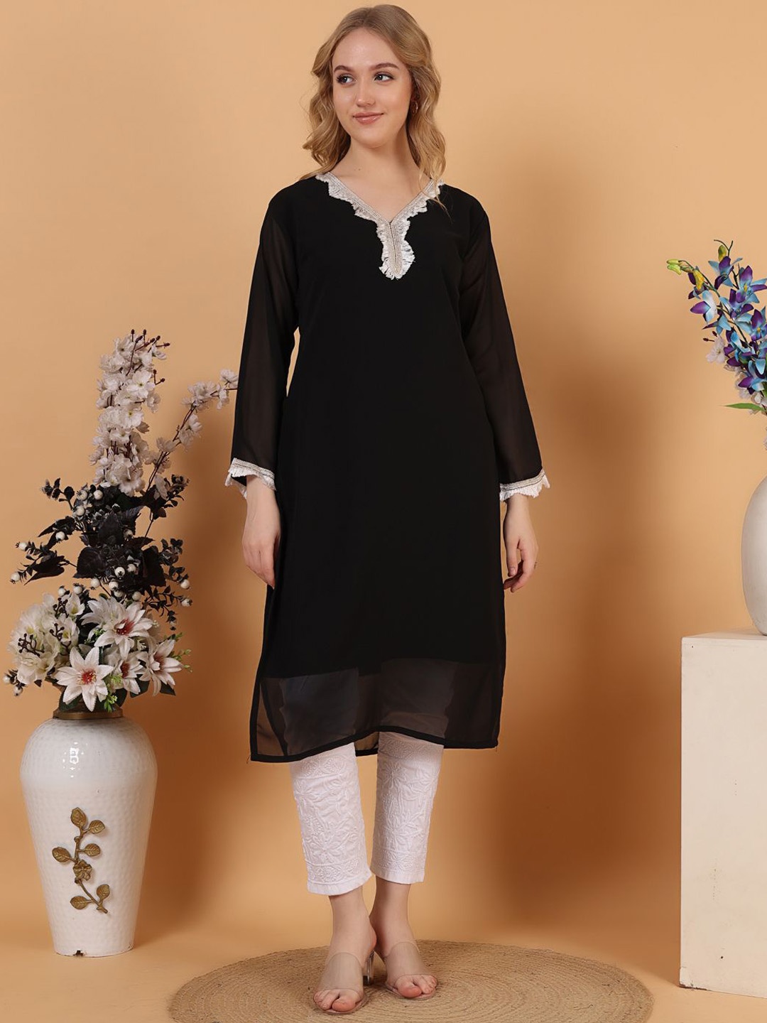 

Tulip Eden Thread Work Georgette Straight Kurta, Black