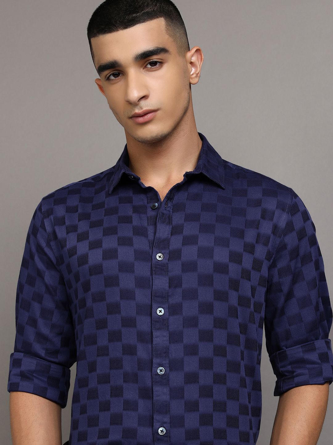 

Highlander Men Dobby Textured Solid Occasion Shirt, Navy blue