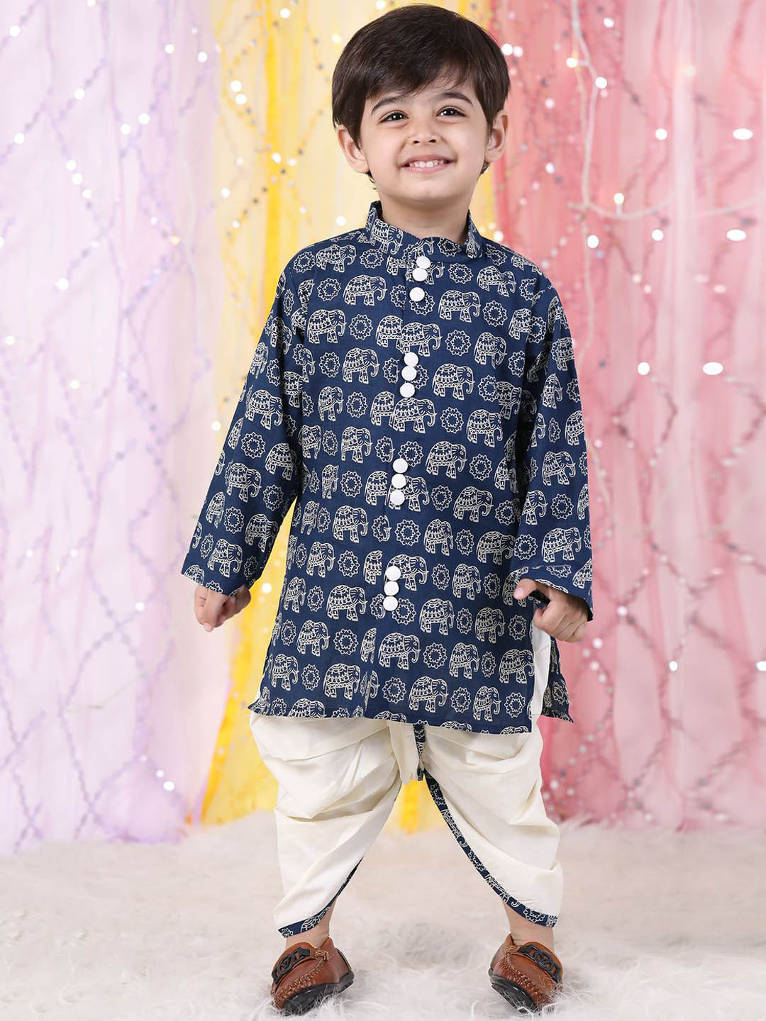 

Polka Tots Boys Ethnic Motifs Printed Pure Cotton Straight Kurta with Dhoti Pants, Navy blue
