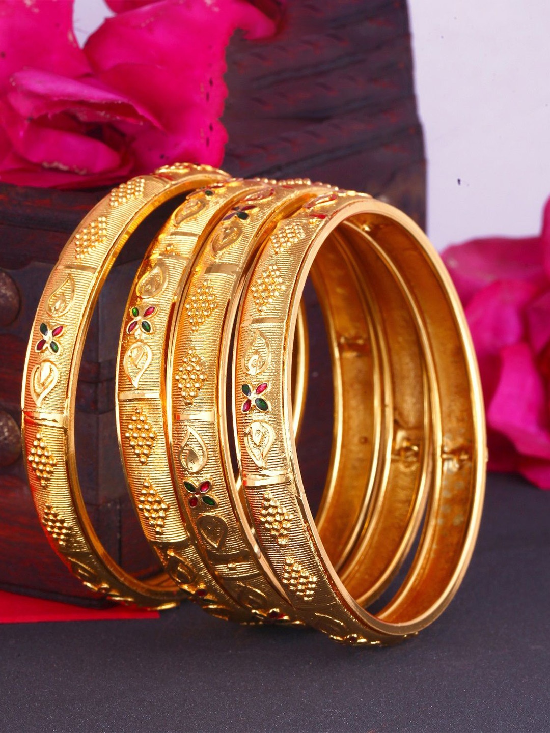 

Vighnaharta Set Of 4 Gold-Plated Stone -Studded Bangles