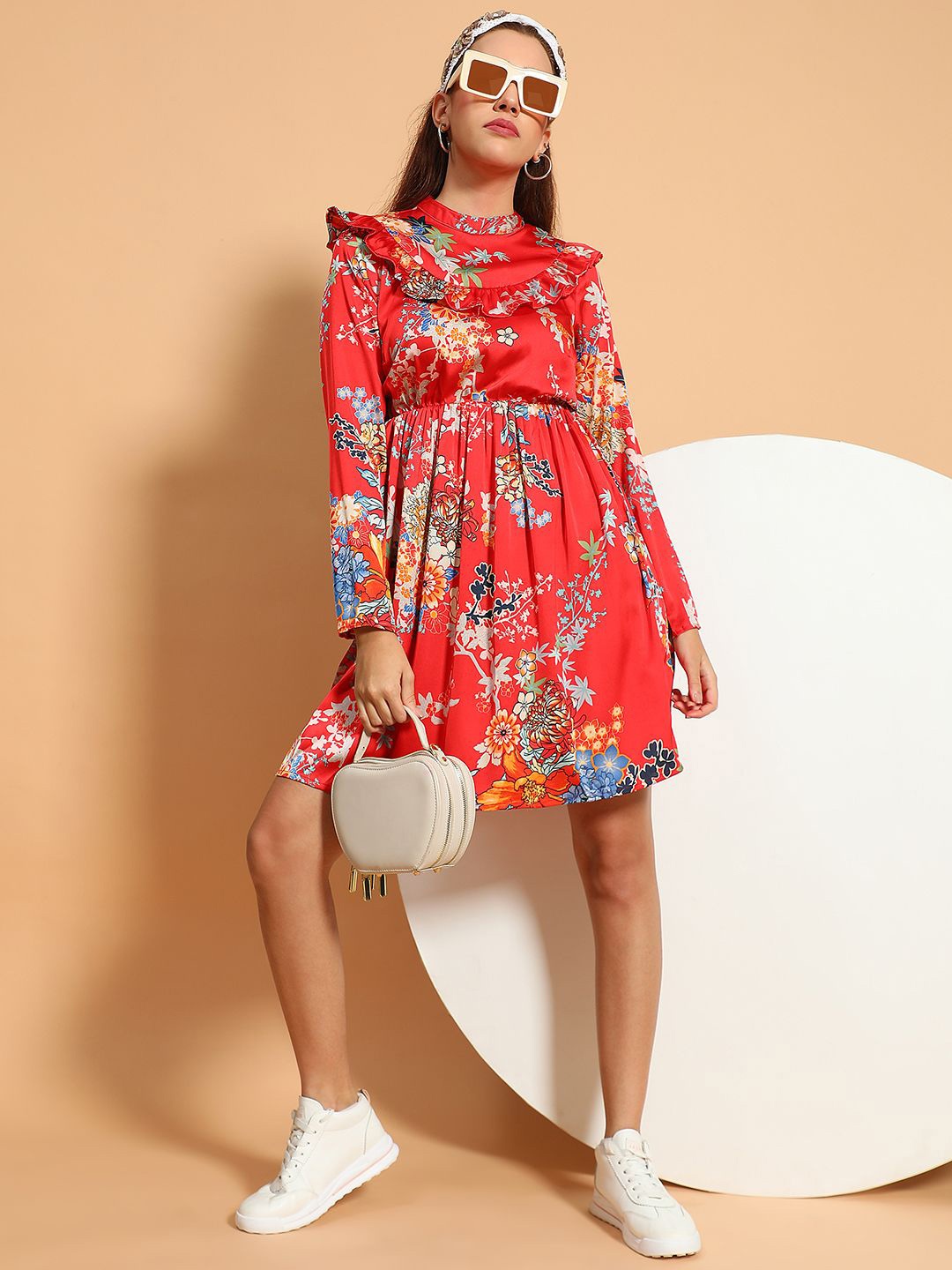 

Oxolloxo Tropical Printed Ruffled Satin Fit & Flare Dress, Red