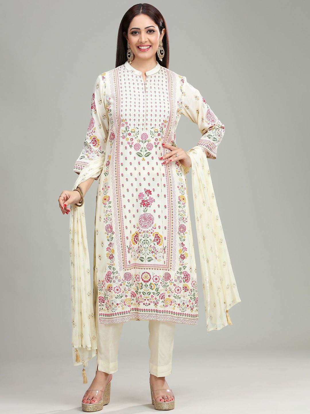 

COTTON CULTURE Floral Printed Pure Cotton Straight Kurta With Trousers & Dupatta, Cream