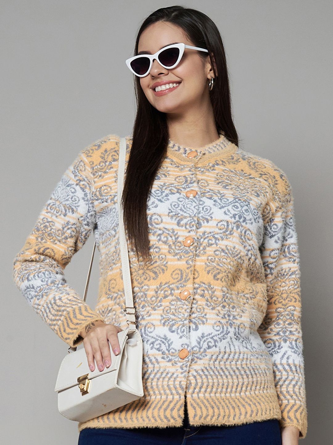 

eWools Women Ethnic Motifs Printed Woollen Cardigan, Gold