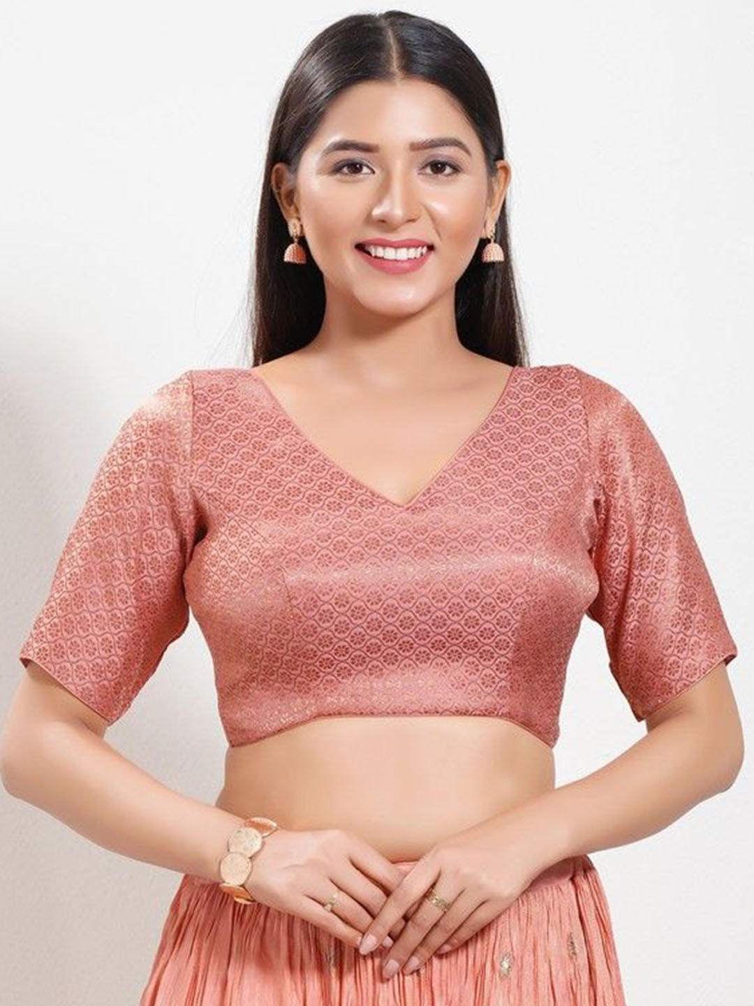 

Mmore Woven-Design Saree Blouse, Rose gold
