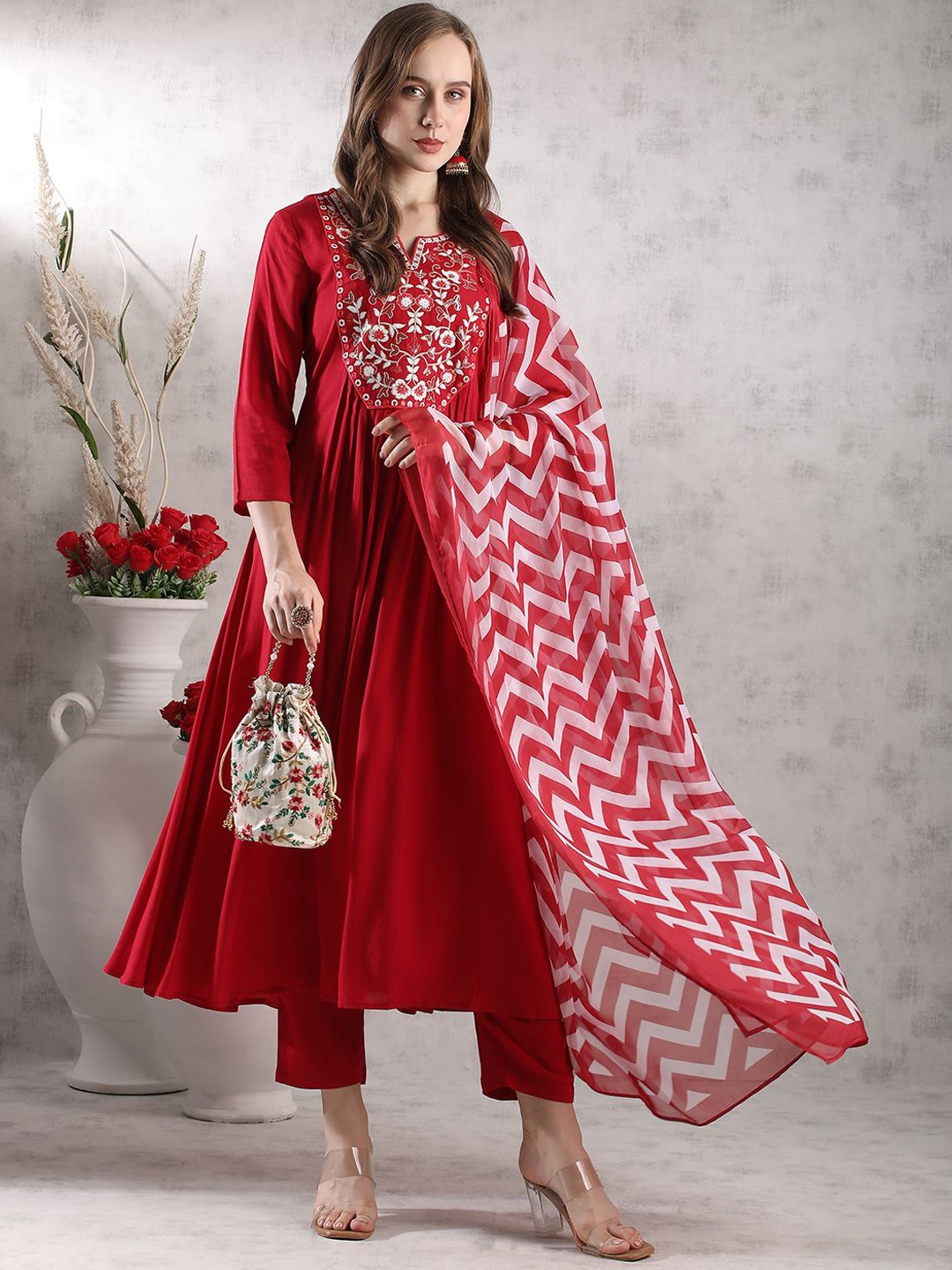 

KALINI Floral Yoke Design Anarkali Mirror Work Kurta with Trousers & Dupatta, Red