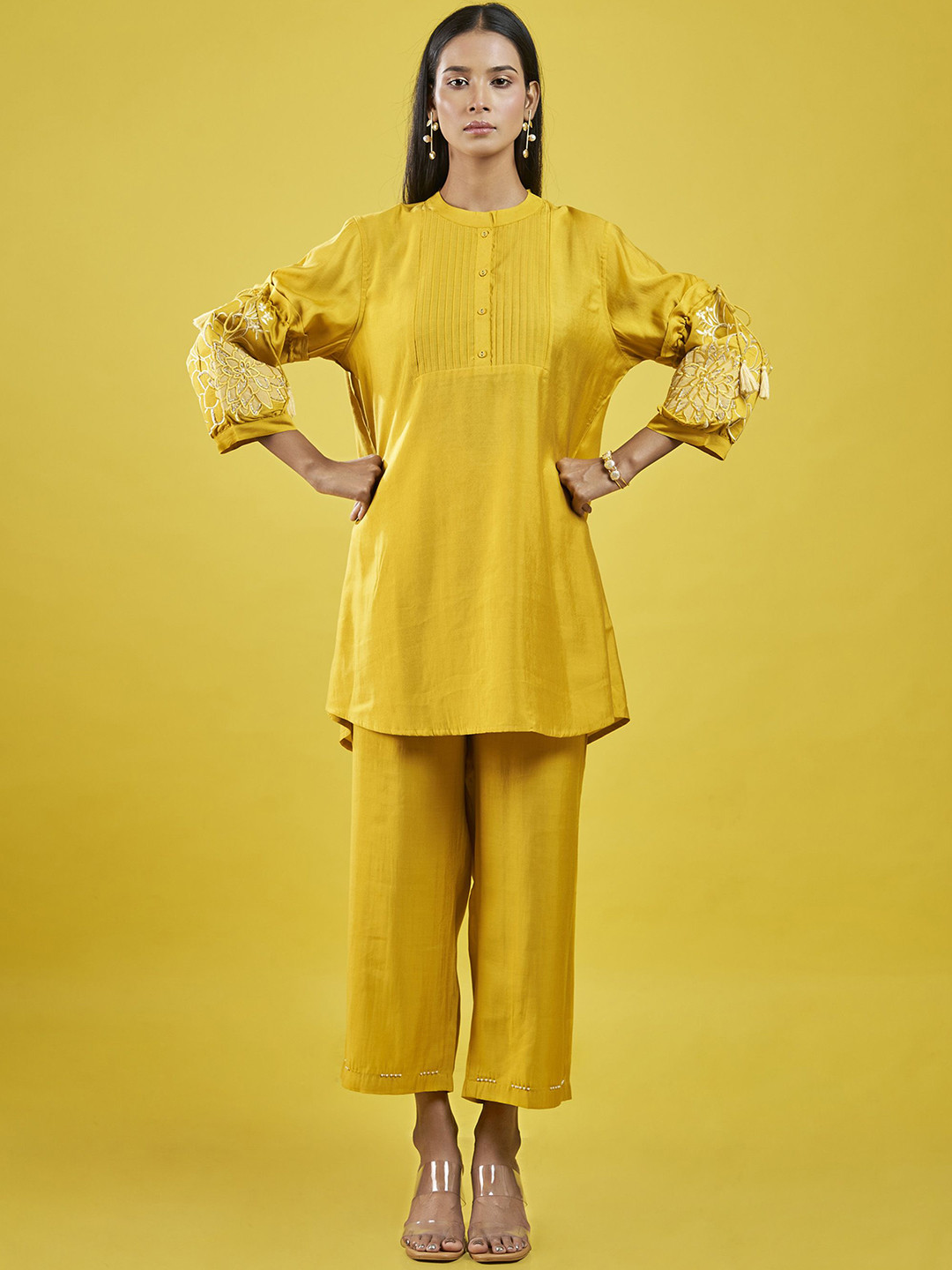 

ISHKIYA Mandarin Collar Neck Three-Quarter Sleeves Pure Silk Top With Trouser, Yellow