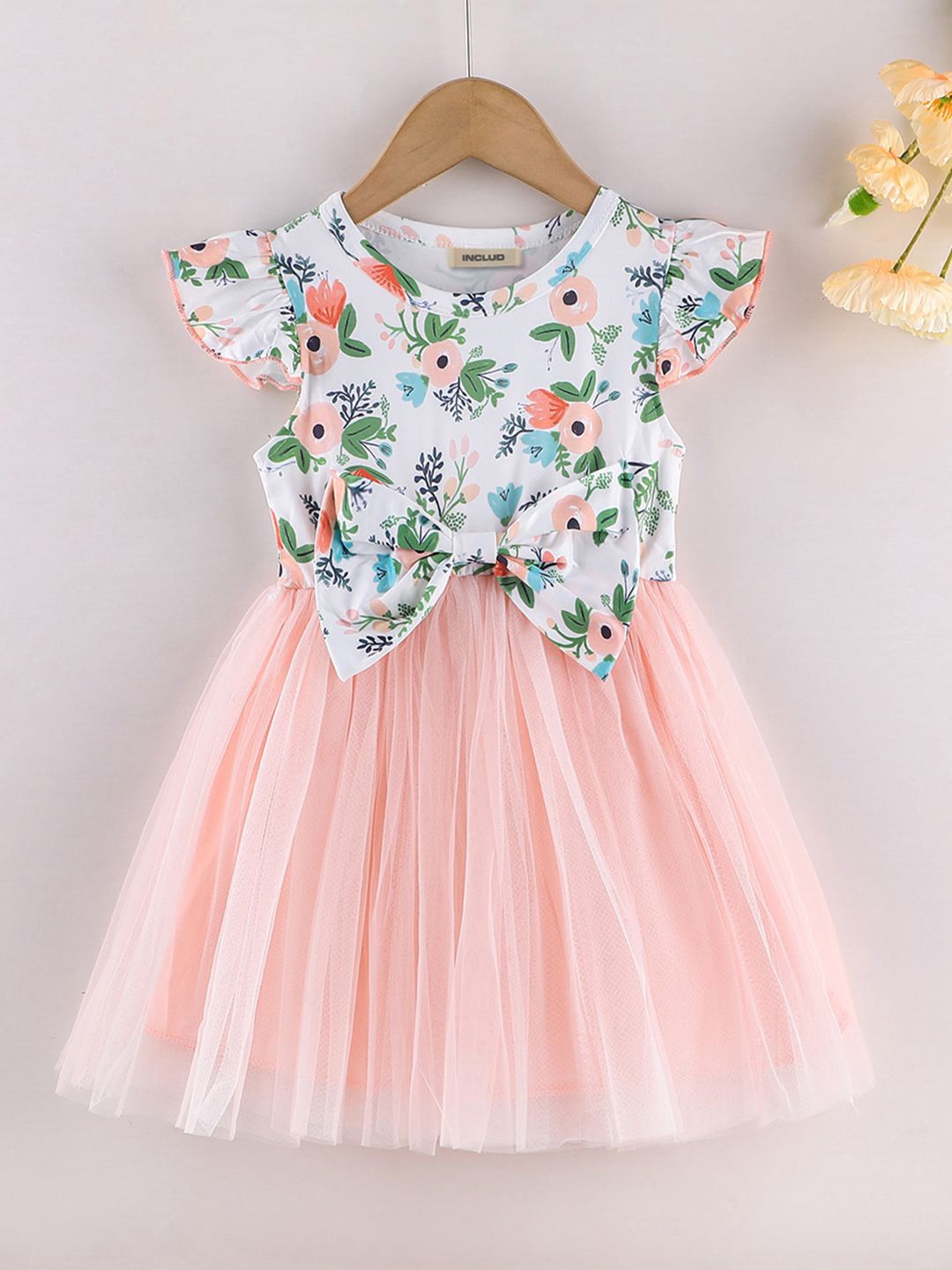 

INCLUD Girls Cotton Printed Flared Sleeve Fit & Flare Dress, Pink