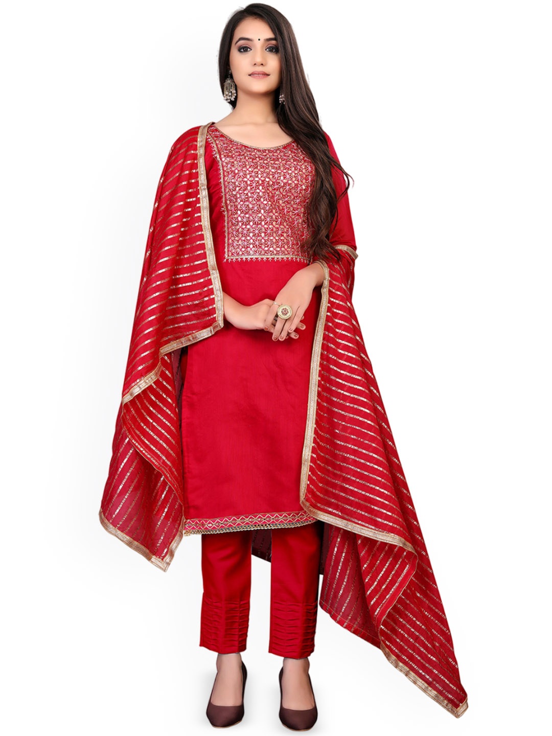 

Maroosh Floral Embellished Zari Unstitched Dress Material, Red