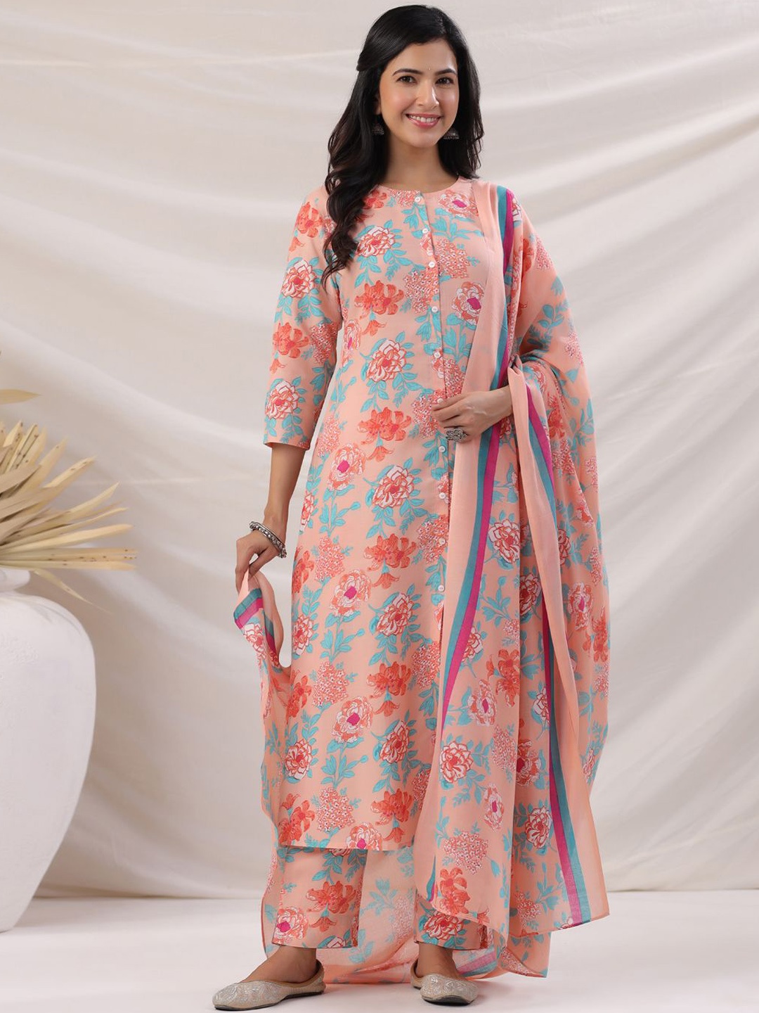 

KALINI Floral Printed Round Neck A-Line Kurta With Trousers & Dupatta, Peach