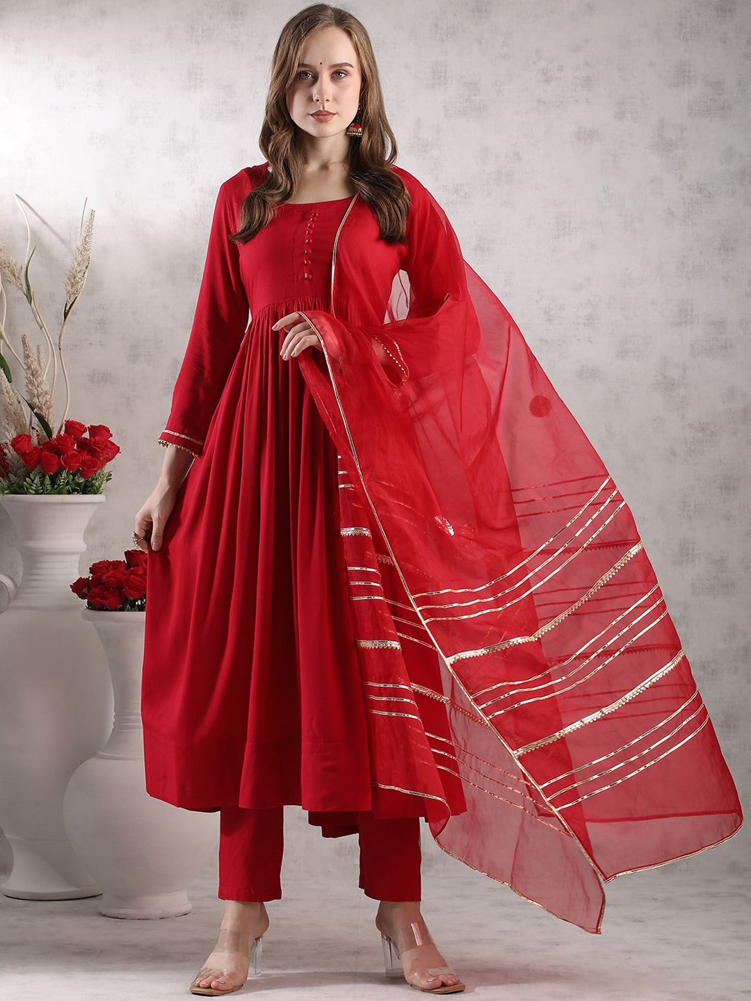 

GoSriKi Solid Round Neck Anarkali Kurta with Trousers & Dupatta, Red