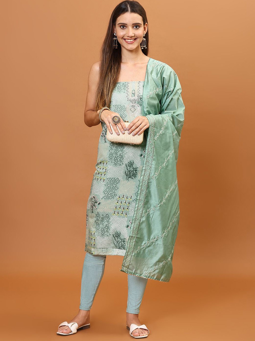 

Meena Bazaar Abstract Printed Sequinned Unstitched Dress Material, Green