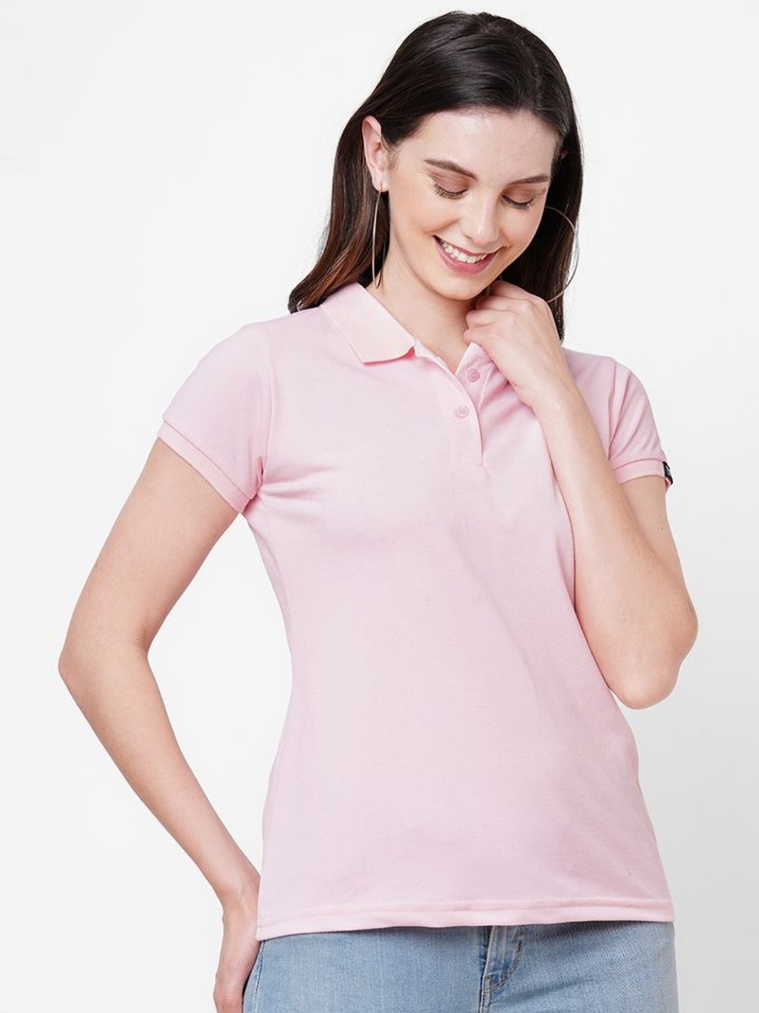 

Wear Your Opinion Women Solid Polo Collar Cotton T-shirt, Pink