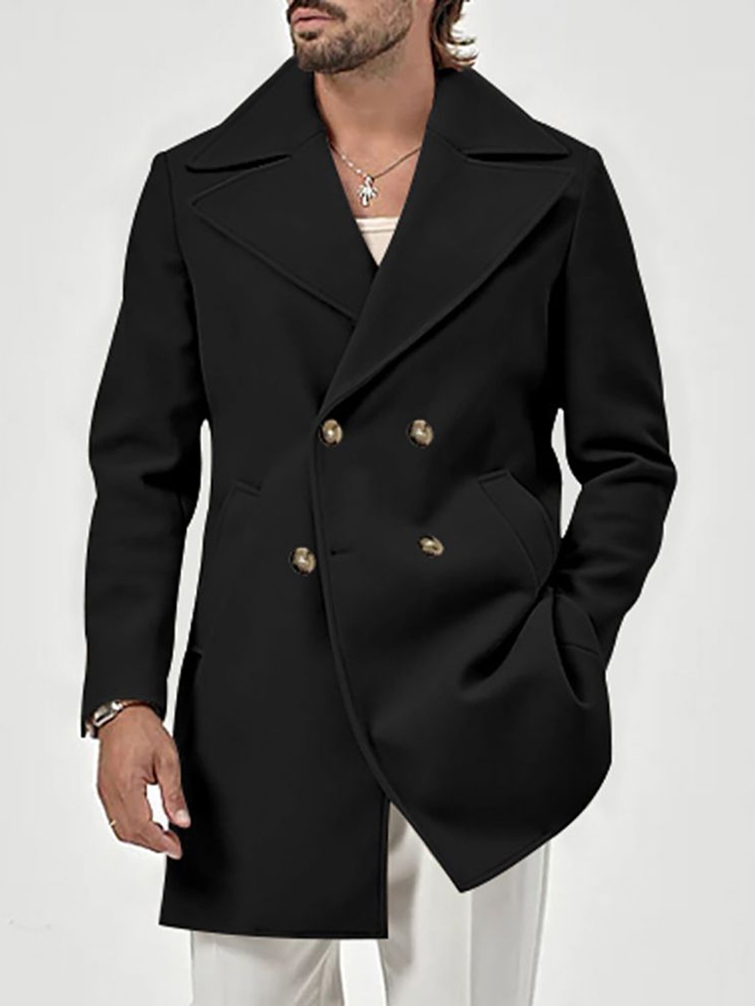 

StyleCast x Revolte Men Double-Breasted Over-Coat, Black