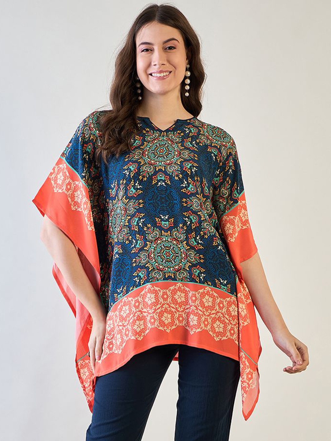 

The Kaftan Company Women Geometric Printed Kaftan Top, Navy blue