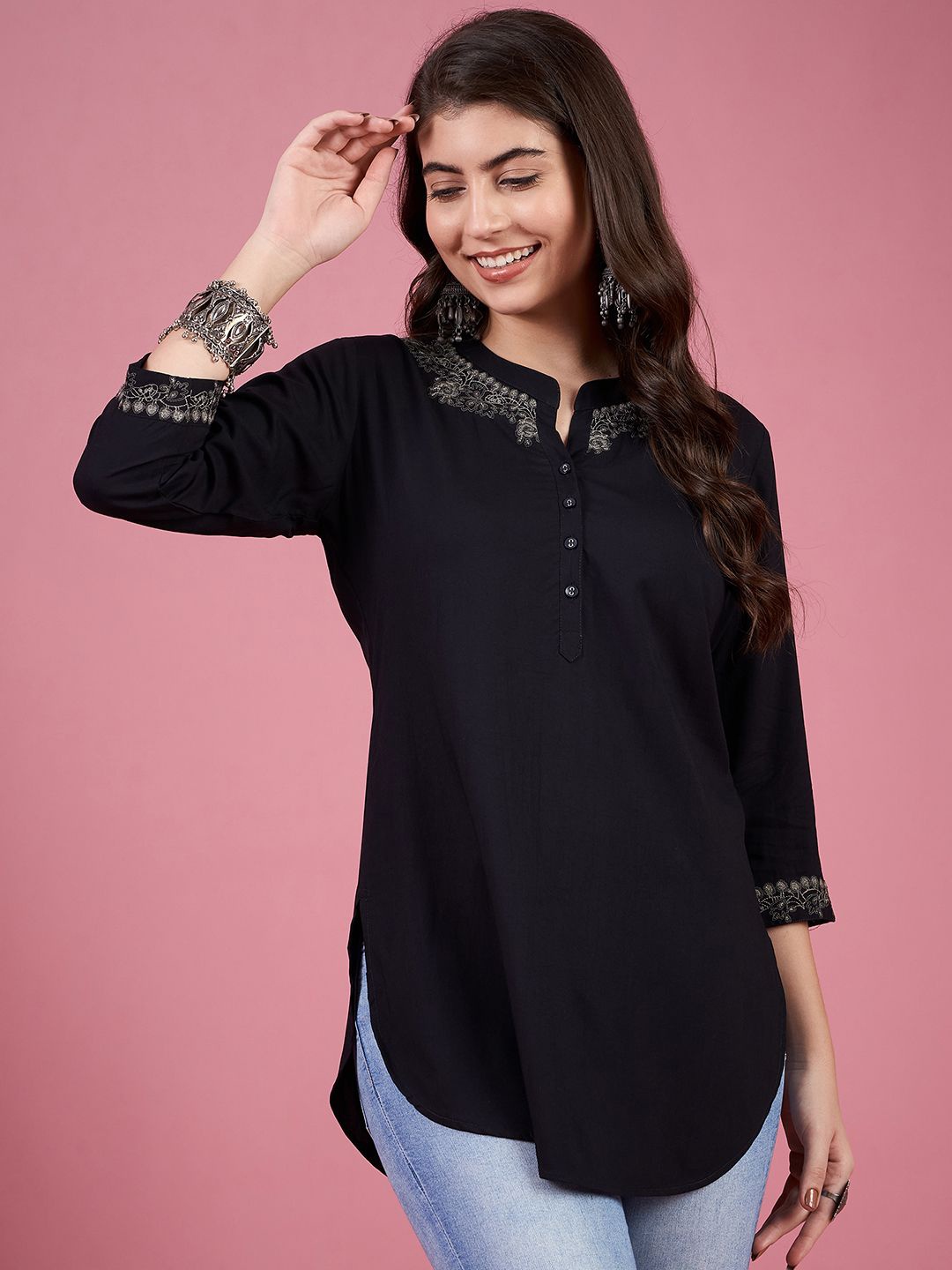 

Anouk Women Embroidered Neck Kurta Style Top, Black