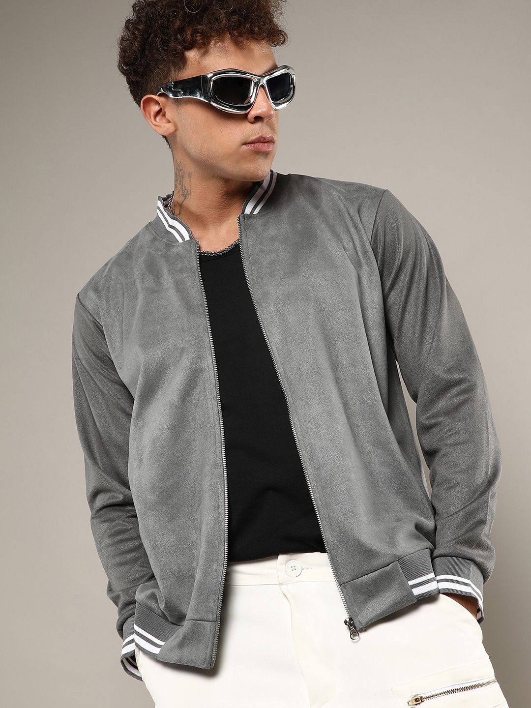

Campus Sutra Men Stand Collar Solid Casual Bomber Jacket, Grey