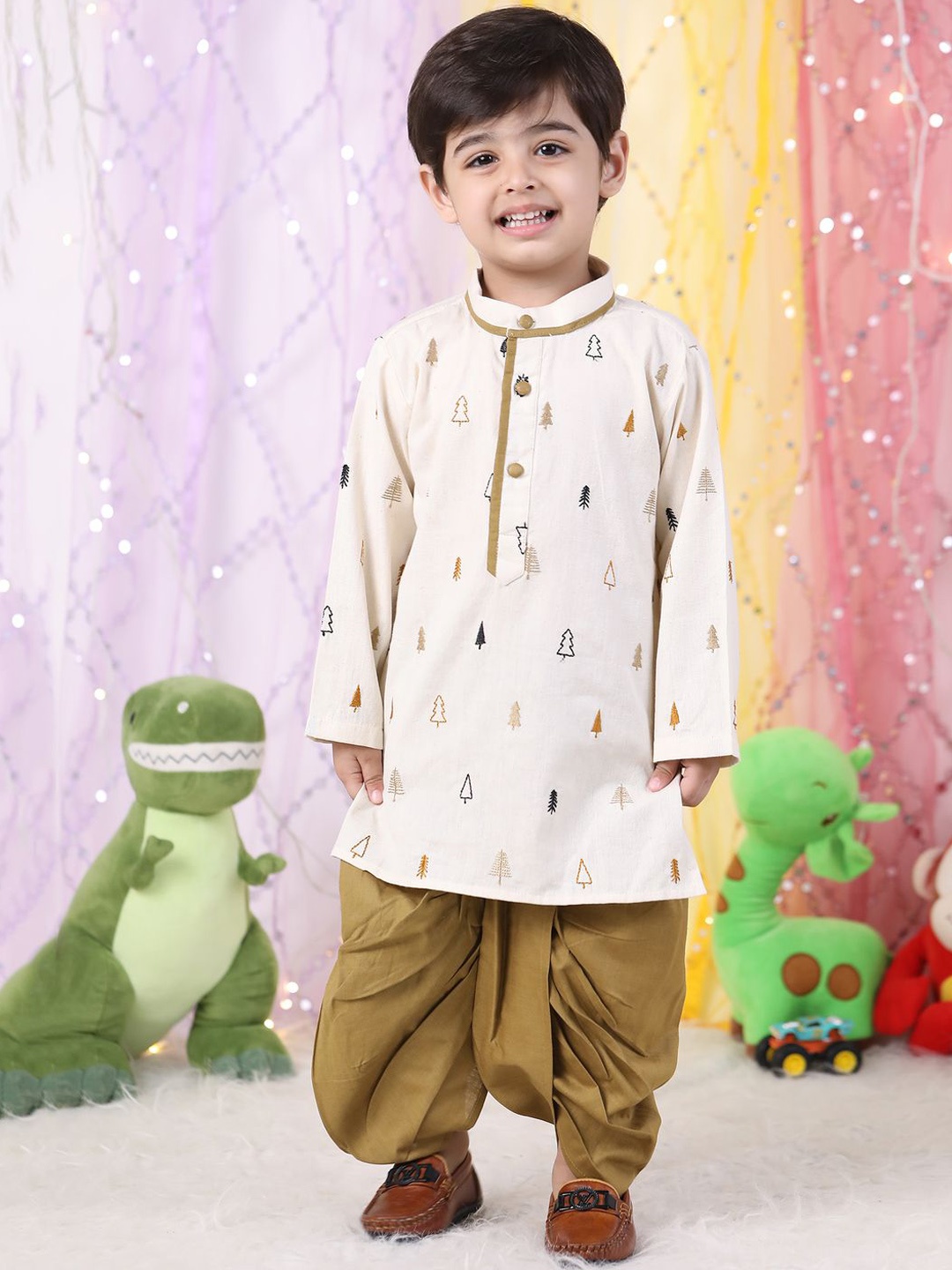 

Polka Tots Boys Band Collar Pure Cotton Straight Kurta with Dhoti Pants, Brown