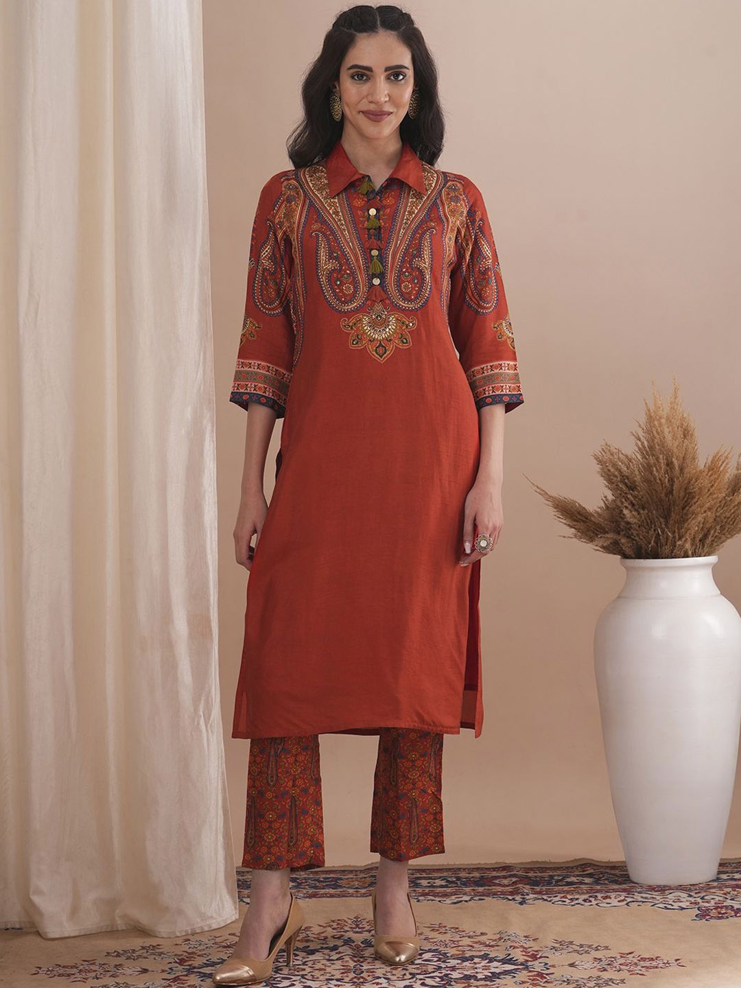 

FASHOR Ethnic Motifs Printed Pure Cotton Straight Kurta With Trousers, Rust