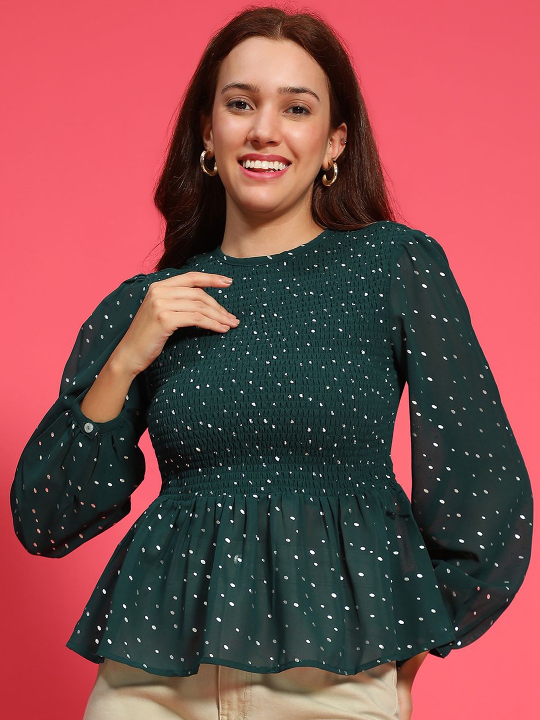 

Oxolloxo Round Neck Georgette Peplum Top, Green