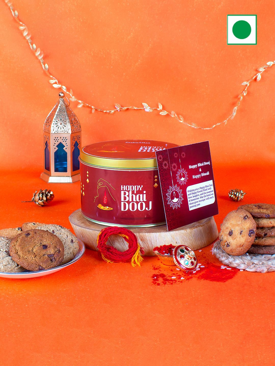 

Cookieman Unisex Bhai Dooj Gift Tin with Cookies, Moli Thread, Greeting Card - 300g, Red