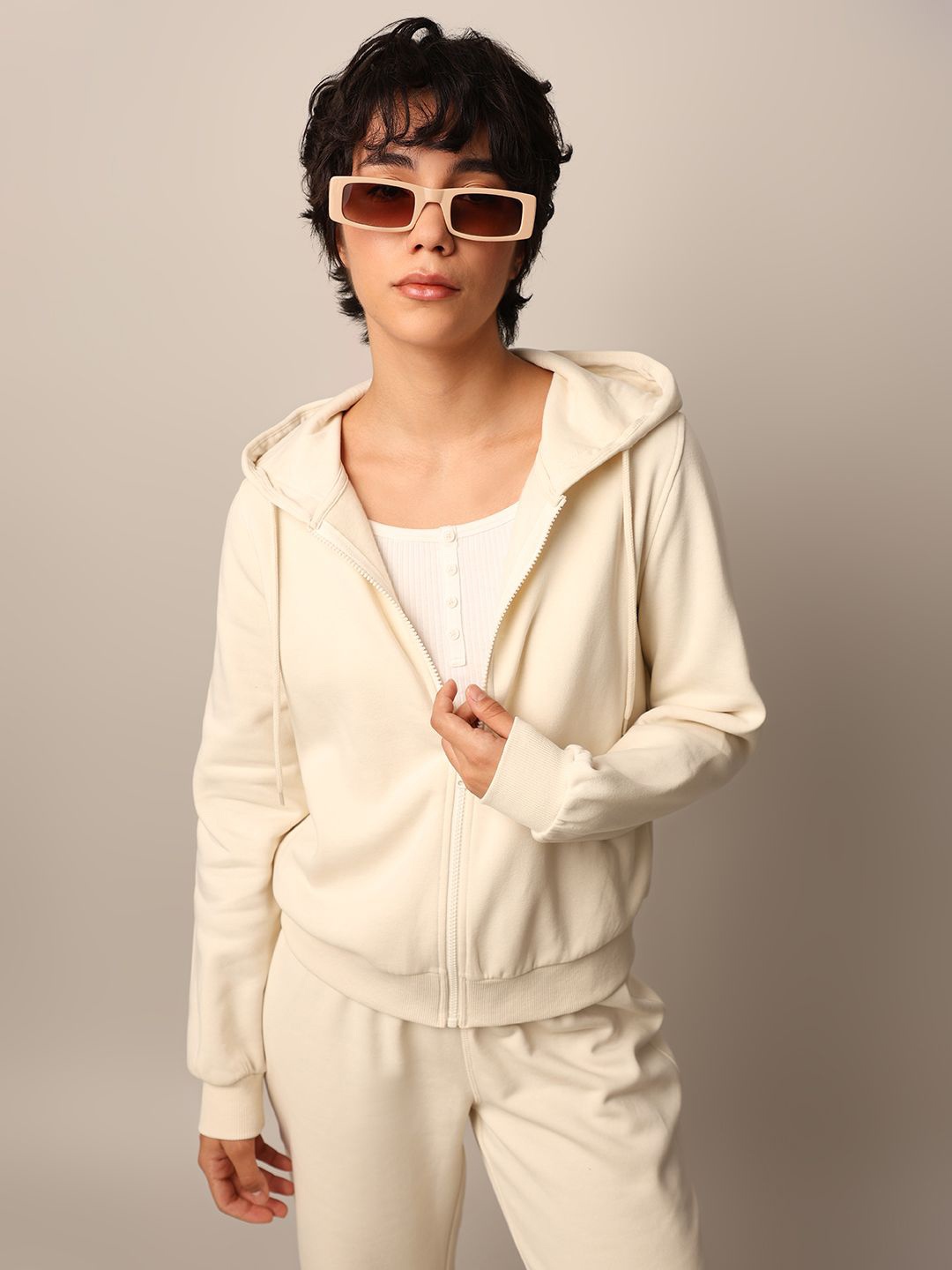 

ONLY Women Cotton Hooded Front-Open Sweatshirt, Beige