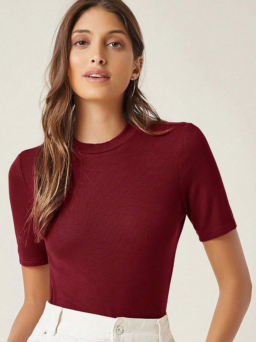

Kotty Women High Neck Short Sleeves Top, Maroon